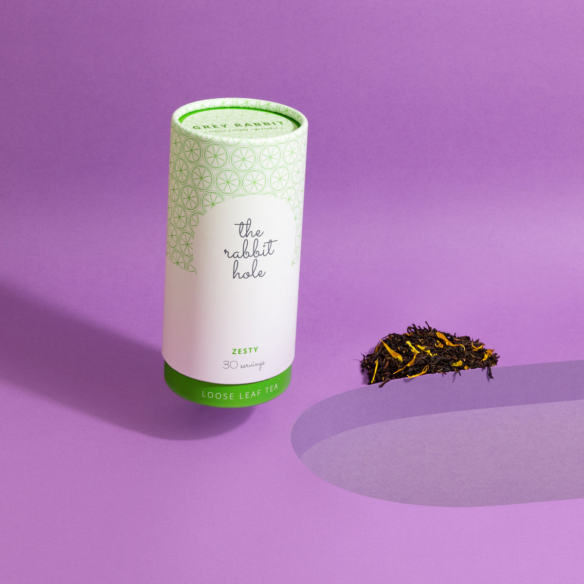 Grey Rabbit loose leaf tea by The Rabbit Hole - Australian Made Tea. Tea canister on colourful purple background