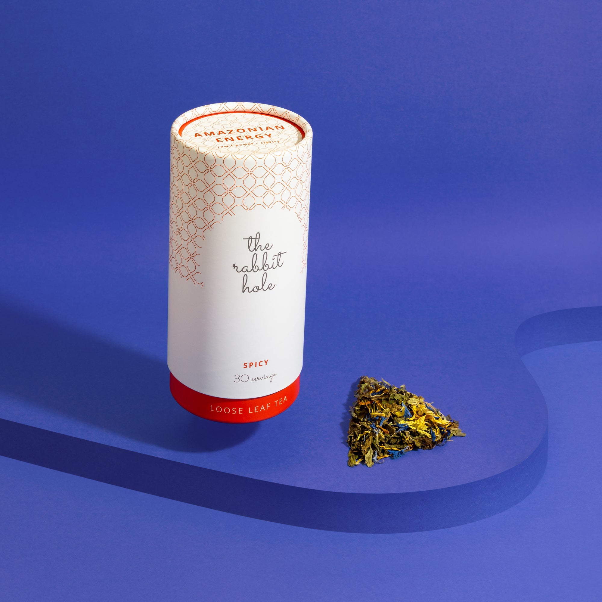 Amazonian Energy loose leaf tea by The Rabbit Hole - Australian Made Tea. Tea canister on colourful purple background