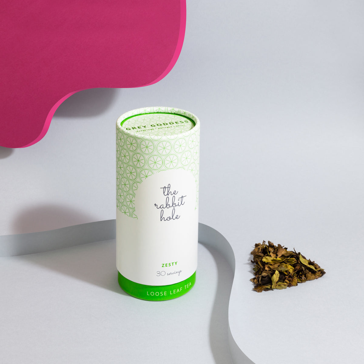 Grey Goddess loose leaf tea by The Rabbit Hole - Australian Made Tea. Tea canister on colourful pink background